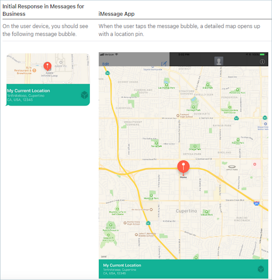 Apple CIM を使用して送信された iMessage アプリのイメージ。詳細なマップとロケーションピンが含まれています。