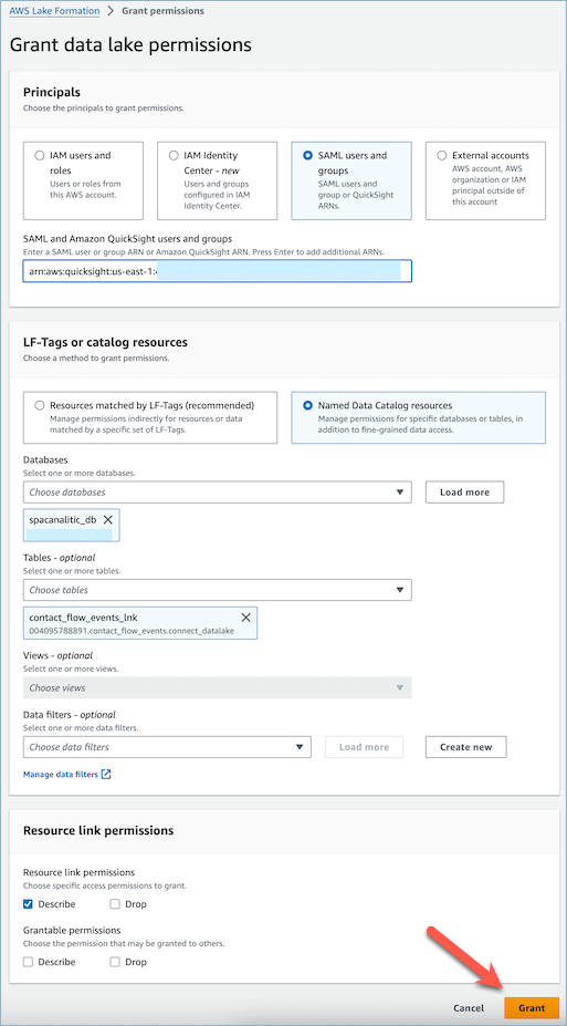 AWS Lake Formation テーブル - grant