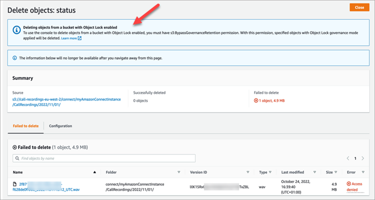 Amazon S3 コンソール、オブジェクト削除ステータス通知。