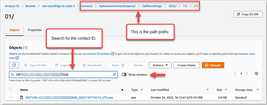 Amazon S3 コンソール、検索ボックス、パスプレフィックス。