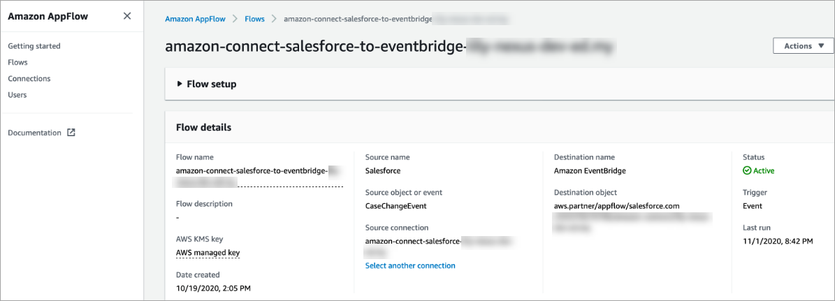 Salesforce 用の Amazon AppFlow コンソール。