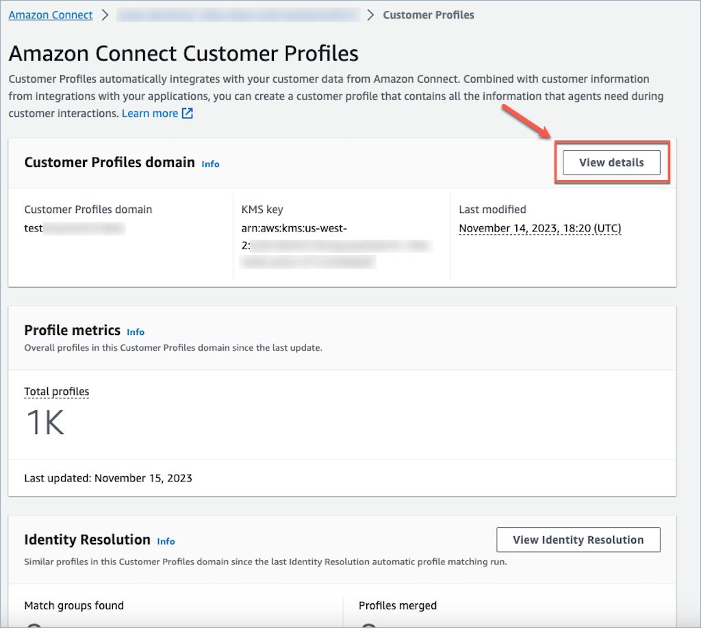 Amazon Connect Customer Profiles コンソールの ドメインセクション。