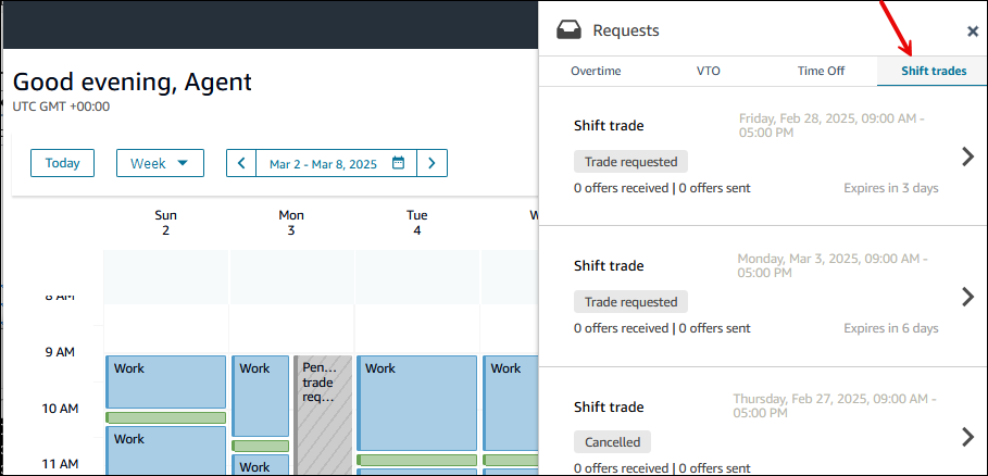 リクエストペイン、Shift trades タブ。