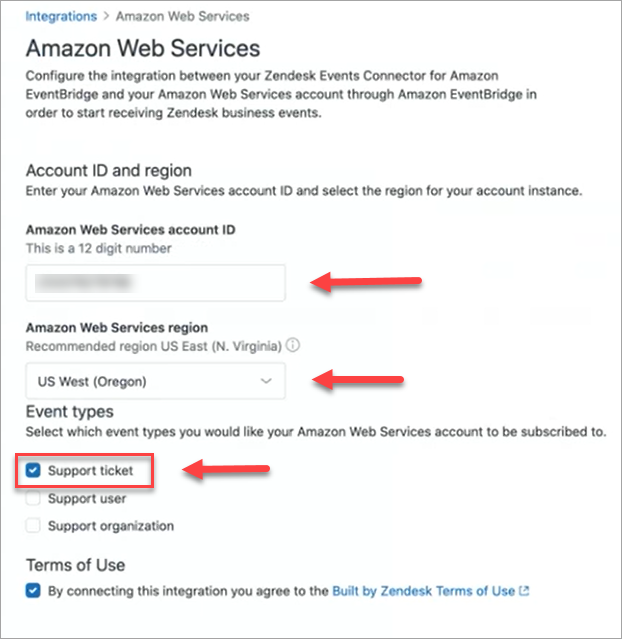 
                            Zendesk の [Amazon Web Services] ページ。
                        