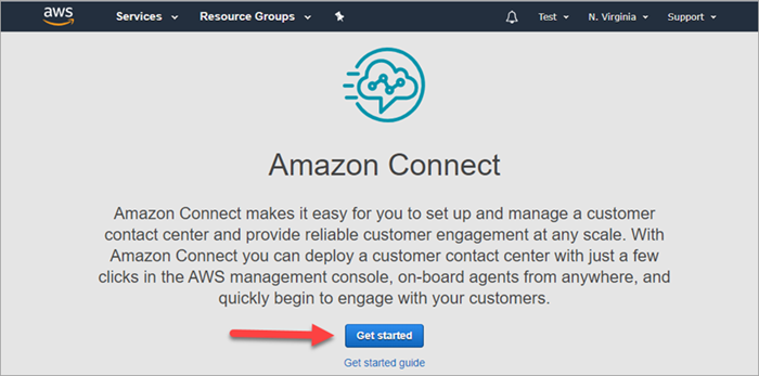Amazon Connect のウェルカムページ、[始めましょう] ボタン。