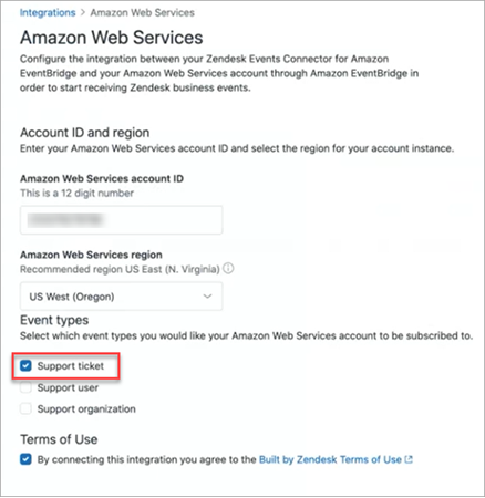 
                    [Amazon Web Services] ページ、[サポートチケット] オプション。
                