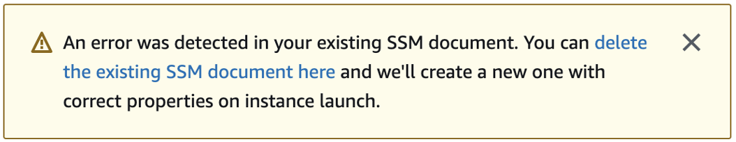 ドメイン結合ディレクトリを選択したときのエラーメッセージ。既存の SSM ドキュメントにエラーがあります。