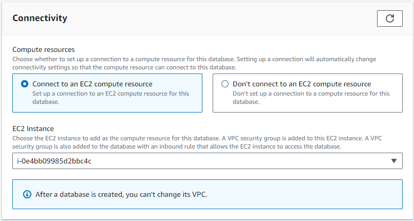 選択した EC2 コンピューティングリソースへの接続オプションを使用した接続インターフェイス。