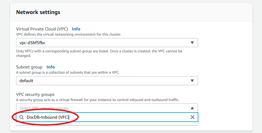 VPC セキュリティグループのドロップダウンメニューで選択された DocDB-Inbound VFC。