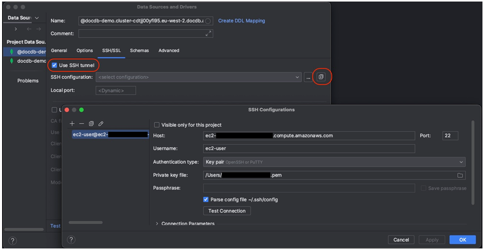 データソースとドライバーインターフェイスの SSH/SSL タブ。SSH トンネルの使用が選択され、SSH 設定アイコンが強調表示されています。アイコンをクリックすると、表示された SSH 設定インターフェイスが開きます。