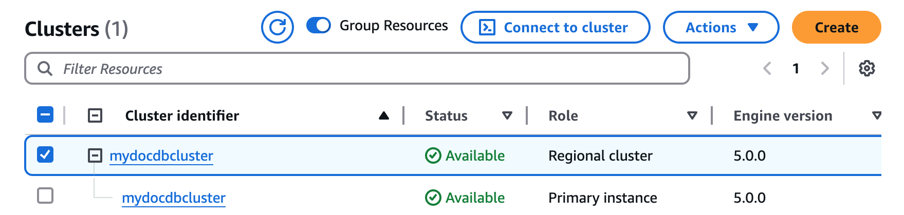 プライマリインスタンスの詳細を含むリージョンクラスターを示す Amazon DocumentDB クラスター管理インターフェイス