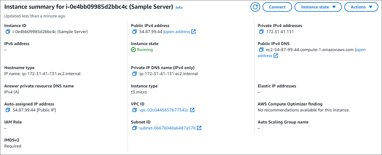 Amazon EC2 インスタンスのインスタンス概要。[接続] ボタンは右上隅にあります。