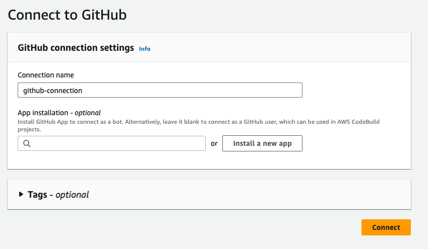 
                        「 GitHub Apps」 GitHub  フィールドを含む初期接続ページを示すコンソールのスクリーンショット。
                    