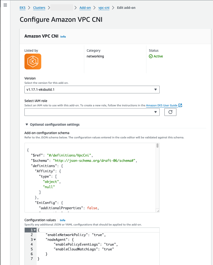 
                    オプション設定でネットワークポリシーが設定された VPC CNI アドオンと CloudWatch Logs を示すAWS Management Console。
                  