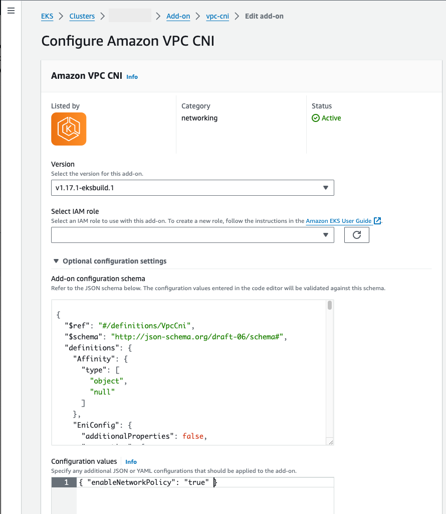 
                              オプション設定でネットワークポリシーが設定されている VPC CNI アドオンを示す AWS Management Console。
                            