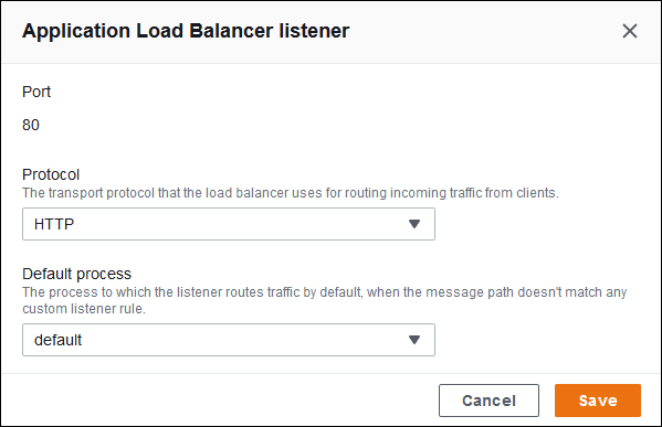 
          [Application Load Balancer listener (Application Load Balancer リスナー)] ダイアログボックス
        