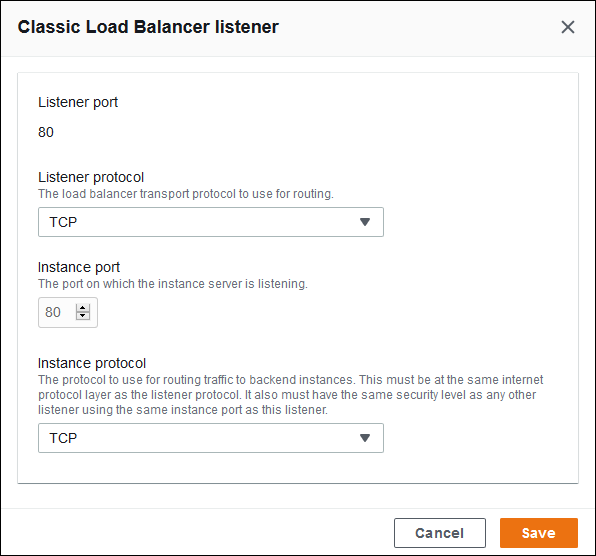 
          Classic Load Balancer の設定 - デフォルトのリスナーのプロトコルを TCP に変更する
        