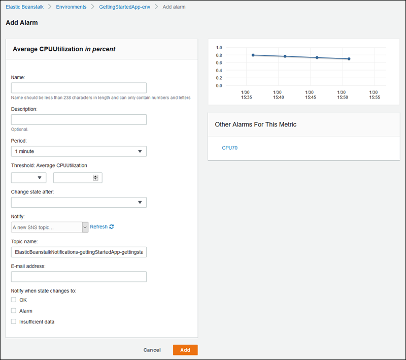 Elastic Beanstalk コンソールのアラームの追加ダイアログ