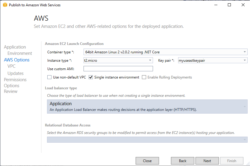 
            Visual Studio での [Publish to Amazon Web Services (アマゾン ウェブ サービスに発行)] ダイアログボックスのスクリーンショット。
          