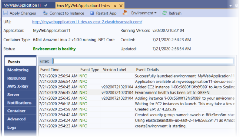 
        Visual Studio での環境タブのアプリケーションステータスイベント詳細のスクリーンショット。
      