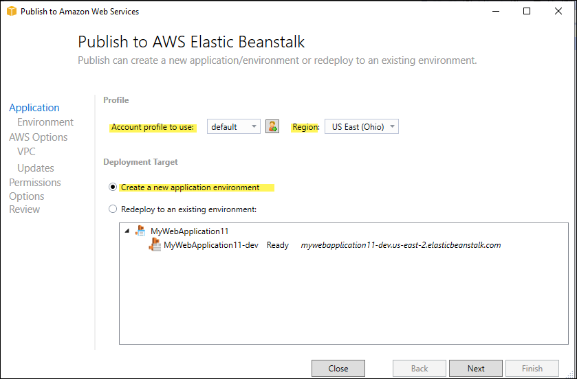 
                Visual Studio の [AWS Elastic Beanstalk への発行] ダイアログボックスのスクリーンショット
              