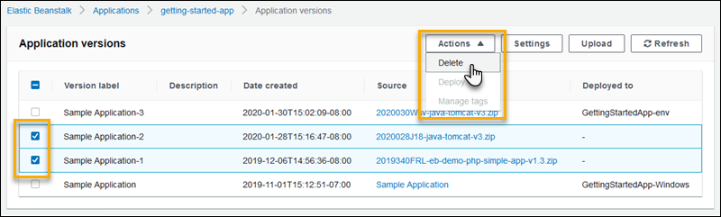 
          Elastic Beanstalk コンソールのアプリケーションバージョンのページでアプリケーションバージョンを削除する
        