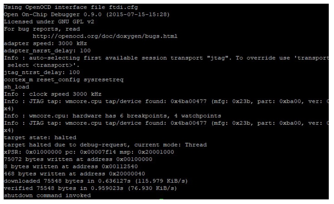 OpenOCD interface output showing adapter settings, JTAG information, and download statistics.