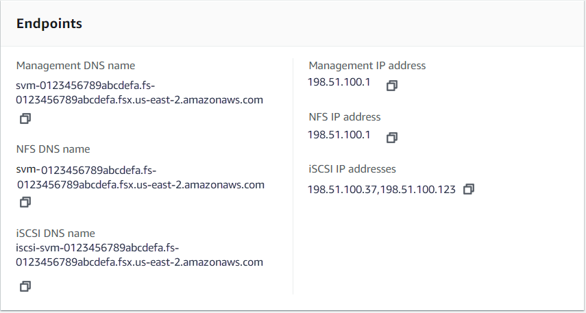 Amazon FSx コンソールの SVM 詳細ページに SVM エンドポイントパネルが表示されます。
