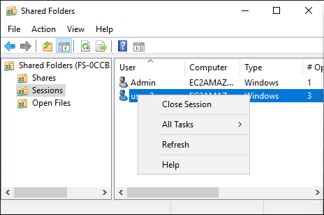 
                        共有フォルダツールには、FSx for Windows File Server に接続されているユーザーセッションが表示されます。
                    
