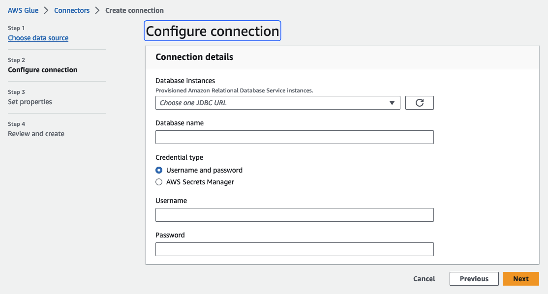 スクリーンショットは、データソースとして Amazon Aurora を設定するために必要な接続の詳細を示しています。