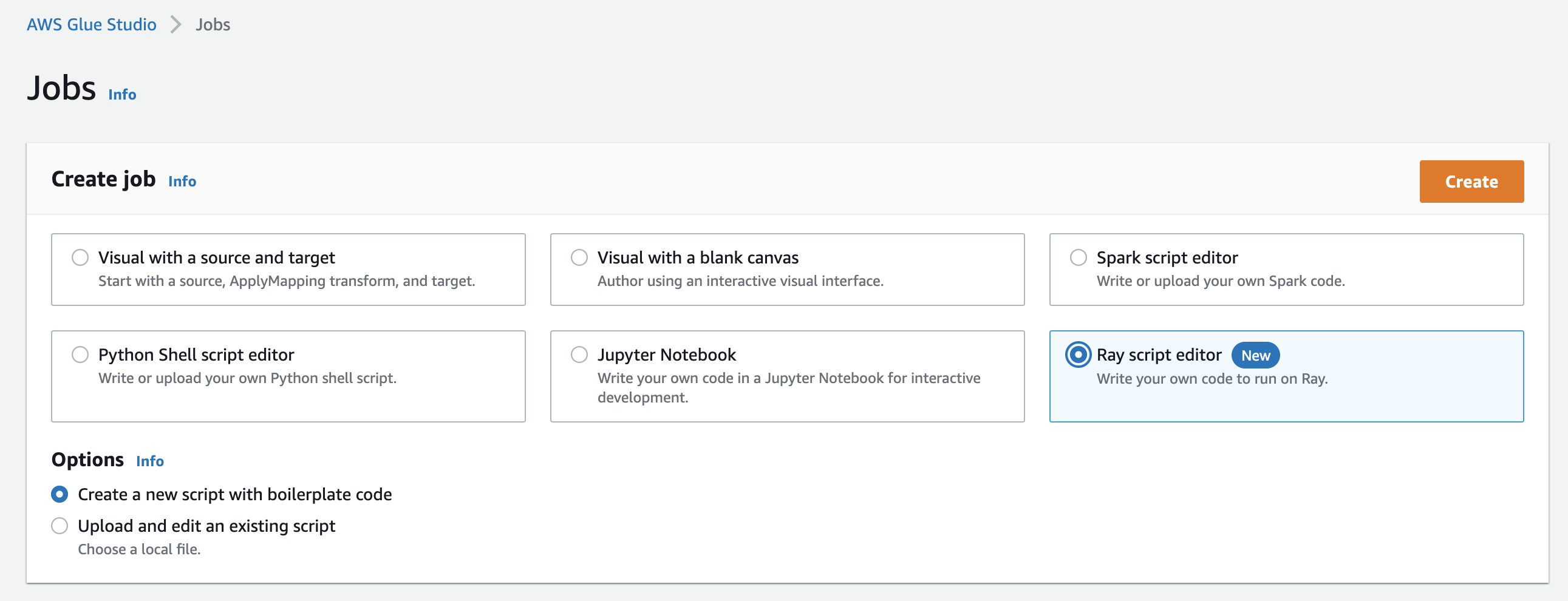 [Ray script editor] オプションを選択したときの、AWS Glue Studio の [ジョブ] ページ。