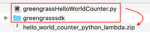 zip 圧縮された hello_word_counter_python_lambda.zip の内容を示すスクリーンショット。