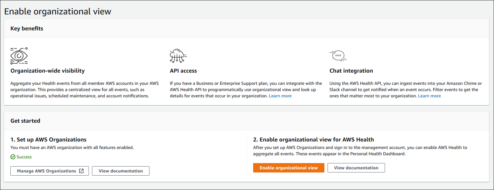 AWS Health コンソールの [Enable organizational view] (組織ビューを有効にする) ページのスクリーンショット。