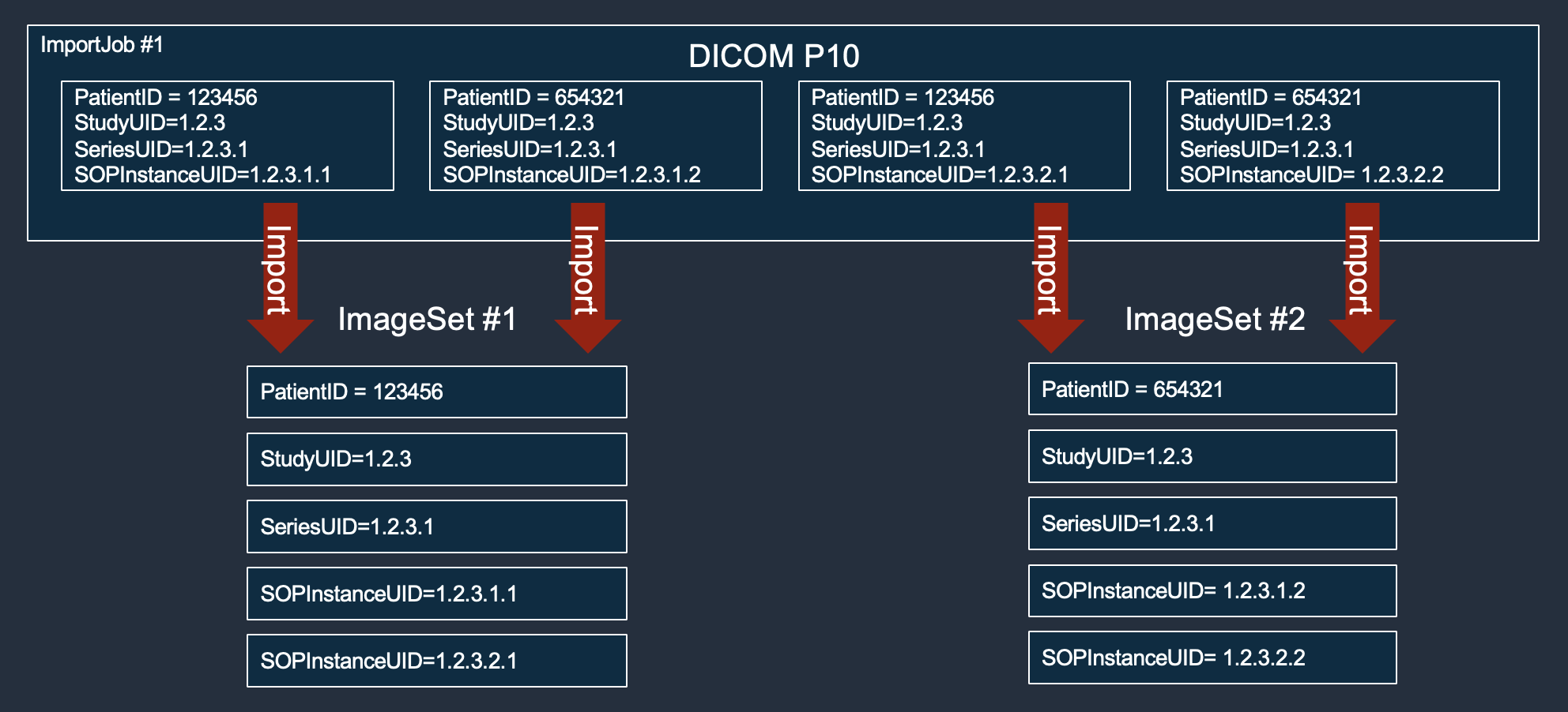 1 つのインポートジョブを使用して、HealthImaging で 2 つの画像セットバリアントがどのように表示されるかを示す図。
