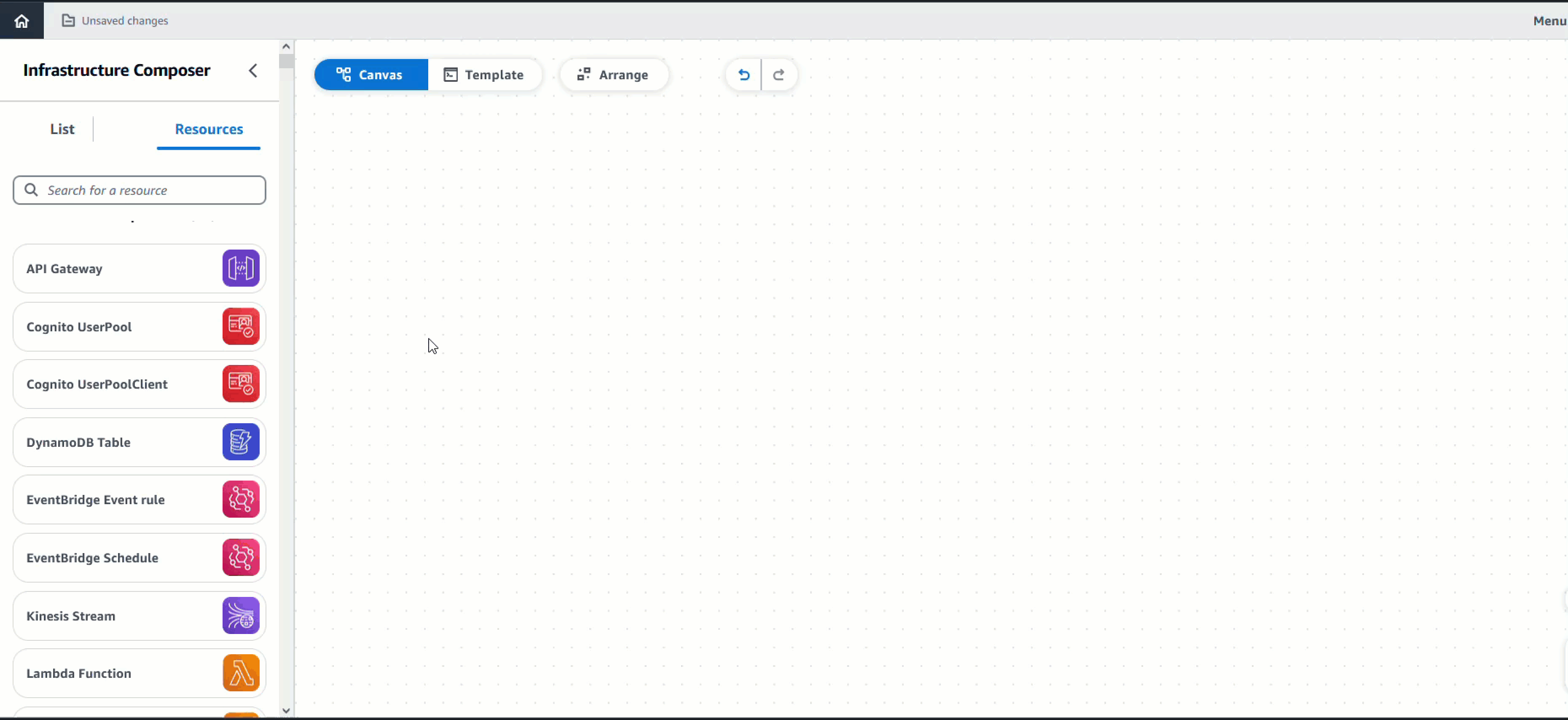 リソースパレットからリソースを選択し、Infrastructure Composer キャンバスにドラッグします。
