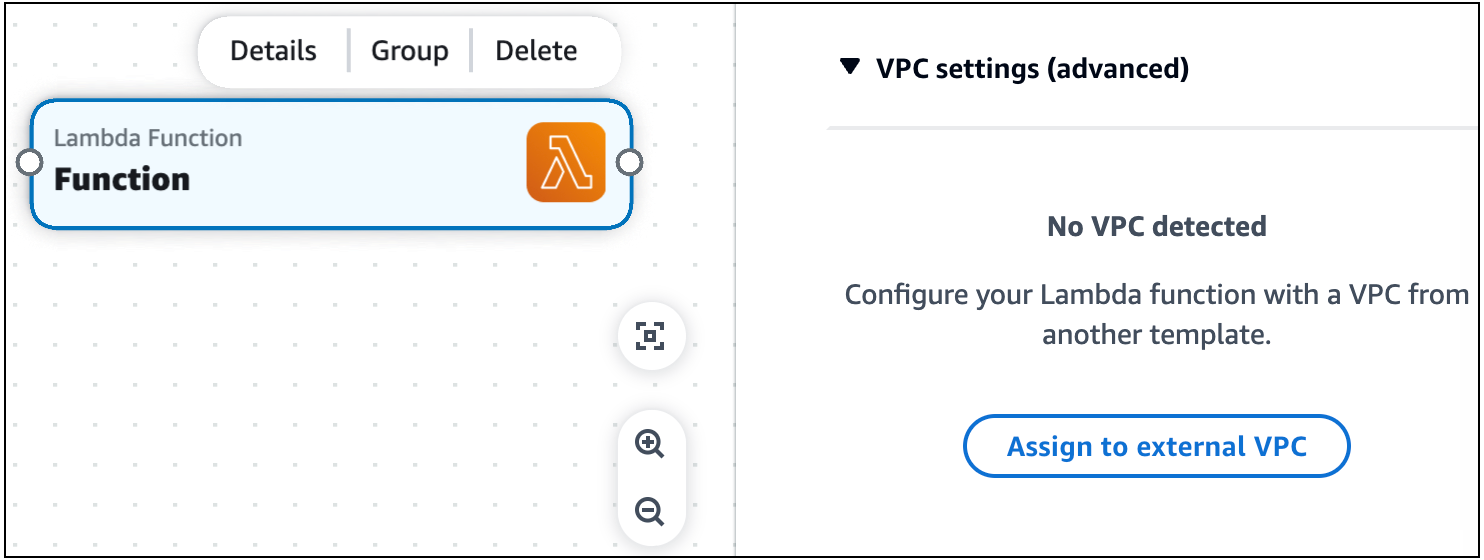 VPC 設定 (アドバンスト) ドロップダウンセクションが展開された Lambda 関数カードのリソースプロパティパネルの画像