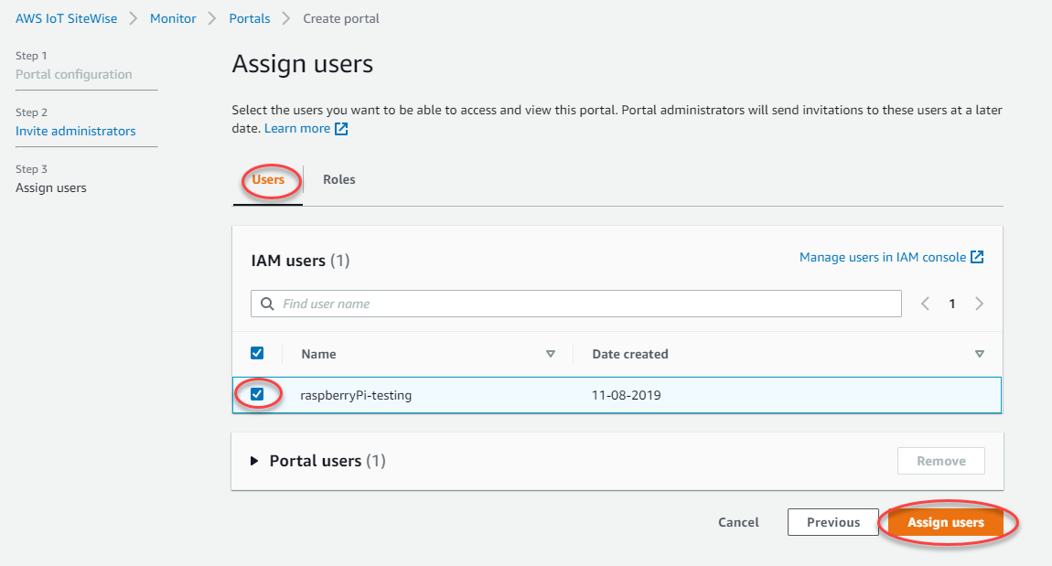 ポータル作成プロセスの IAM ユーザーの割り当てステップ。