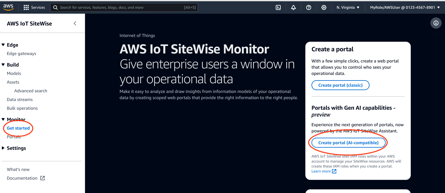 ポータルの作成が強調表示された AWS IoT SiteWise Monitor 開始方法ページ。