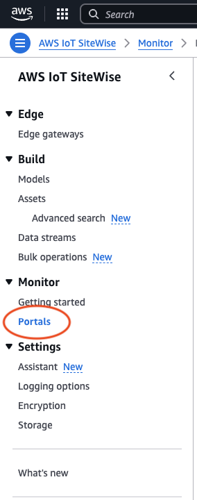 ポータルが強調表示された AWS IoT SiteWise コンソールの左ナビゲーションペイン。