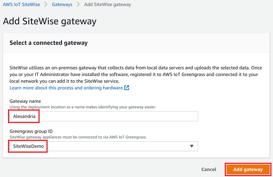 
                              AWS IoT SiteWise[Add gateway (ゲートウェイの追加) ] ページのスクリーンショット。
                            