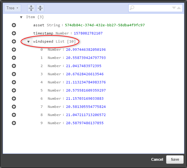 DynamoDB の「テーブル行の編集」パネルのスクリーンショット。