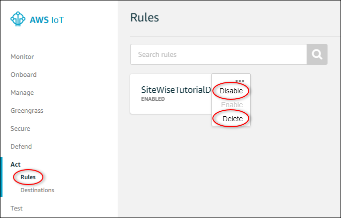 
            AWS IoTルールのメニューが開いた状態で強調表示された「ルール」ページのスクリーンショット。
          