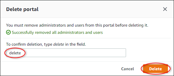 [Delete] (削除) がハイライトされた [Delete portals] (ポータルの削除) ダイアログボックス。