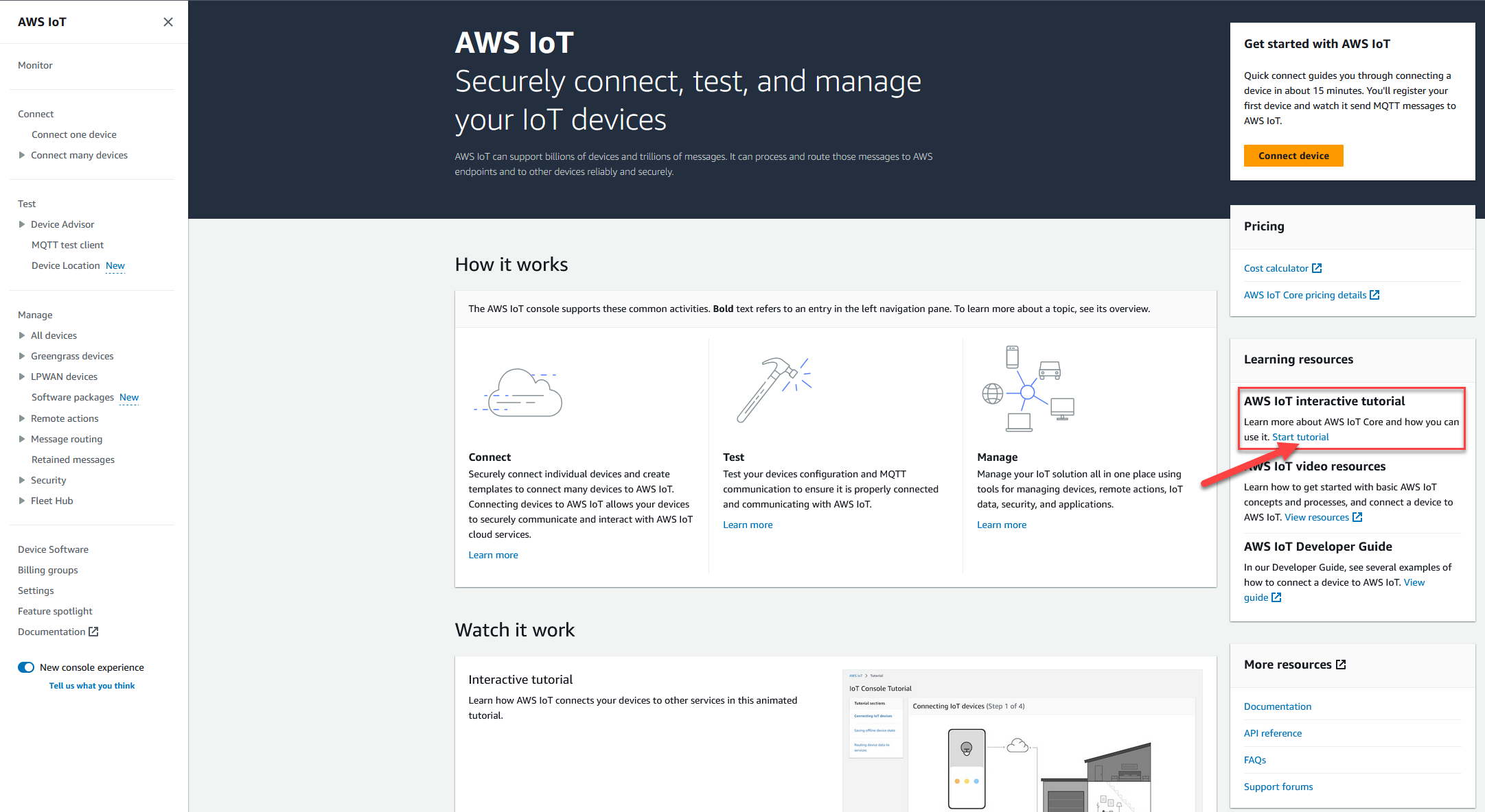 
                         AWS IoT これはコンソールのホームページです。
                    