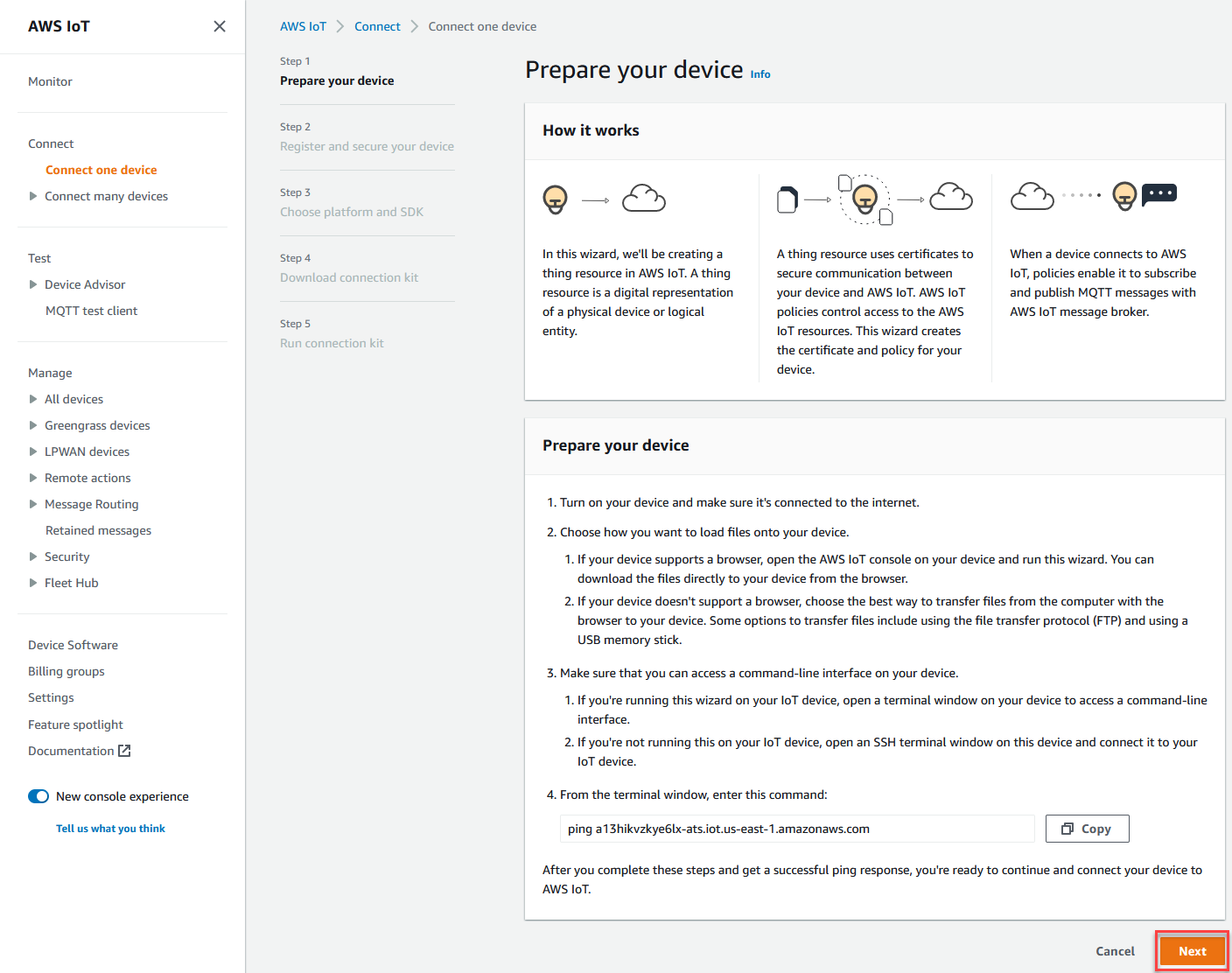 
                             AWS IoT コンソールでデバイスを準備する方法。
                        