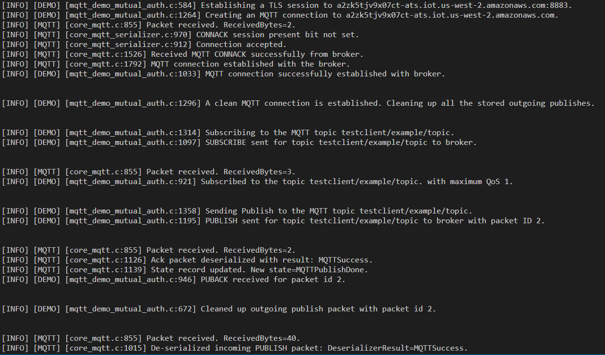 AWS IoT Device SDK for Embedded C サンプルアプリケーションを実行するためのコマンドライン出力。