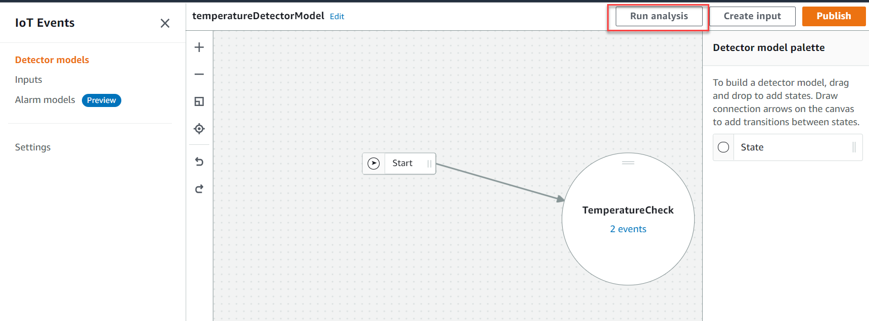 
                    AWS IoT Events コンソールでディテクターモデルを分析する方法のスクリーンショット。
                