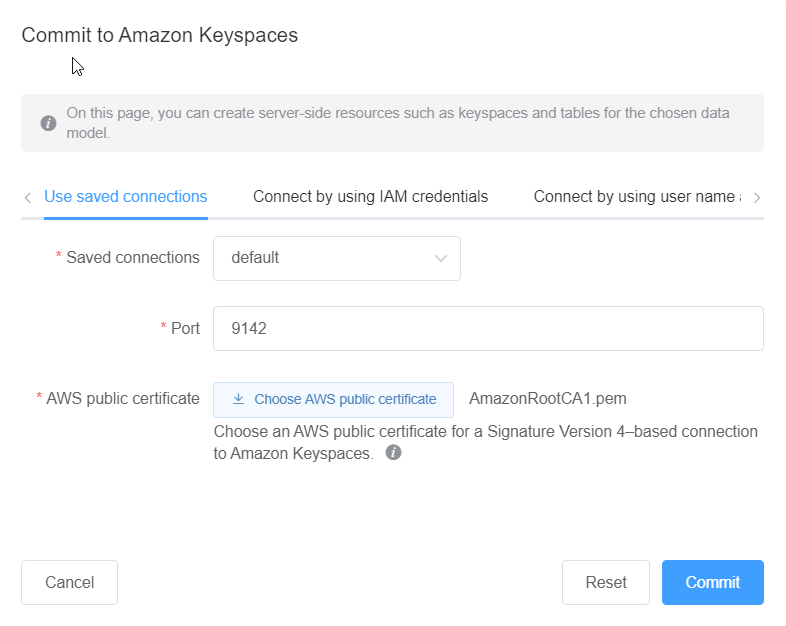 Amazon Keyspaces へのデフォルト接続が表示されているコンソールのスクリーンショット。