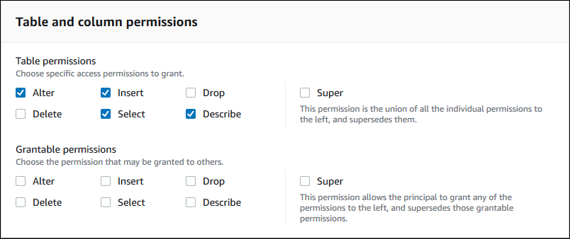 
                           [Table and column permissions] (テーブルと列の許可) セクションには、[Table permissions] (テーブルの許可) と [Grantable permissions] (付与可能な許可) の 2 つのサブセクションがあります。各サブセクションには、[Alter] (変更)、[Insert] (挿入)、[Drop] (ドロップ)、[Delete] (削除)、[Select] (選択)、[Describe] (記述)、および [Super] (スーパー) の可能な Lake Formation 許可ごとのチェックボックスがあります。[Super] (スーパー) 許可は他の許可の右側に設置されており、「This permission allows the principal to grant any of the permissions to the left, and supersedes those grantable permissions」(この許可は、プリンシパルが左側にあるどの許可でも付与できるようにし、これらの付与可能な許可に優先します」という説明があります。
                        