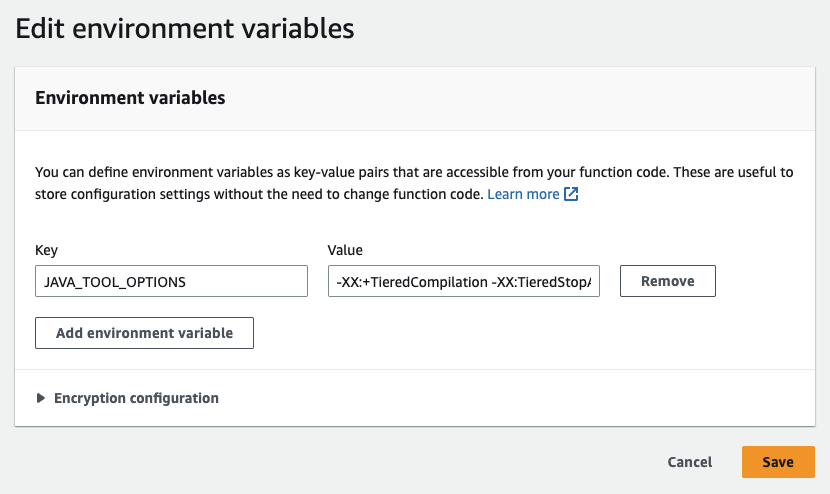 JAVA_TOOL_OPTIONS 環境変数を使用して階層型コンパイル設定を追加する方法を示す Lambda コンソールのスクリーンショット。